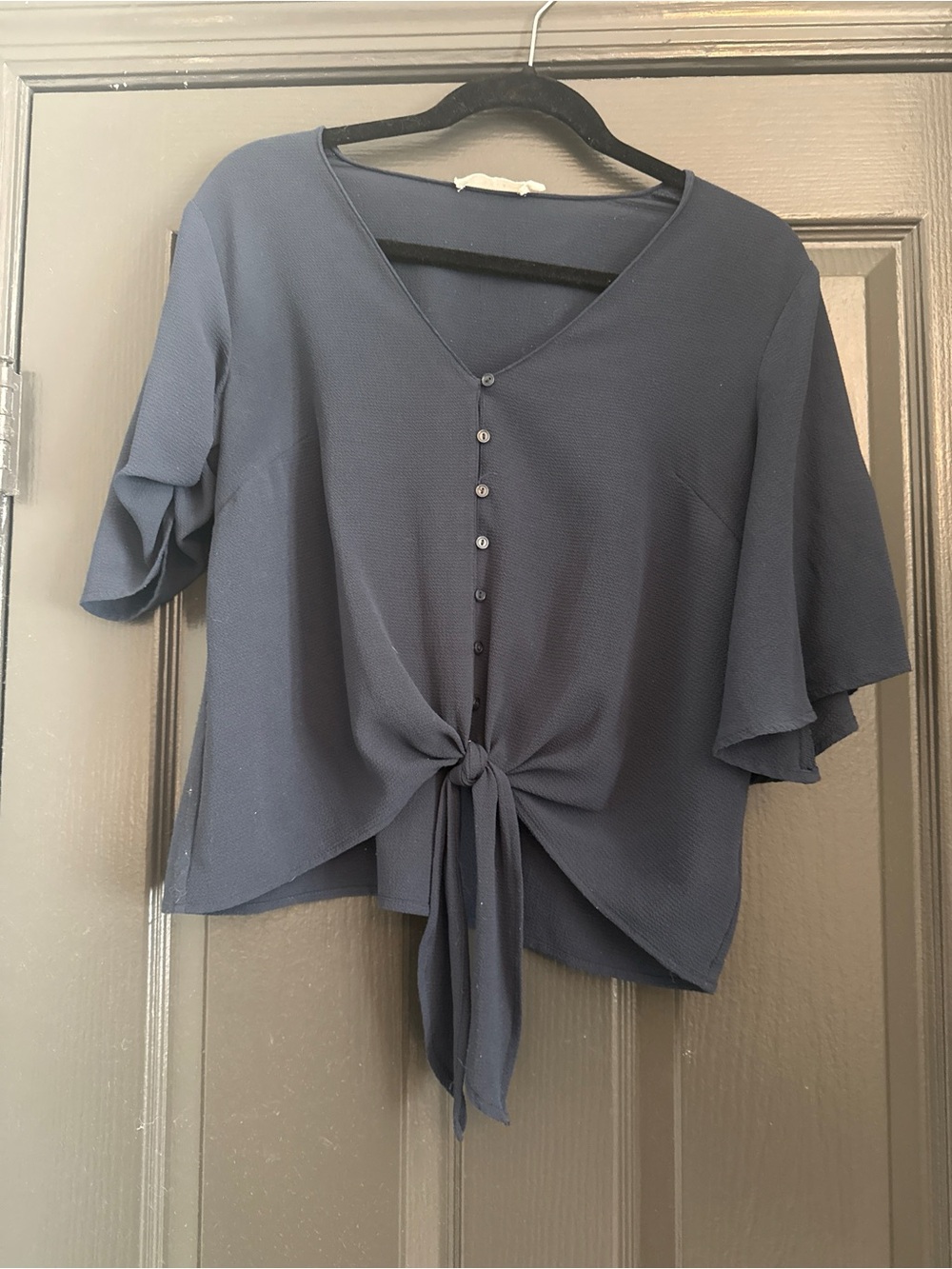 Lush Black Tie-Front Button Down Flutter Sleeve Crop Blouse Top